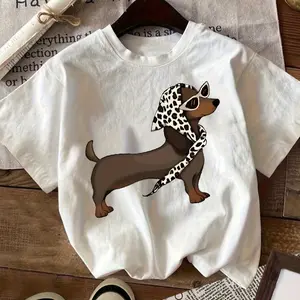 Fashion Brown Dog Graphic Cotton T-Shirt, Valentine's Day Gift for Her, Cute Oversized Comfort Casual Outfit