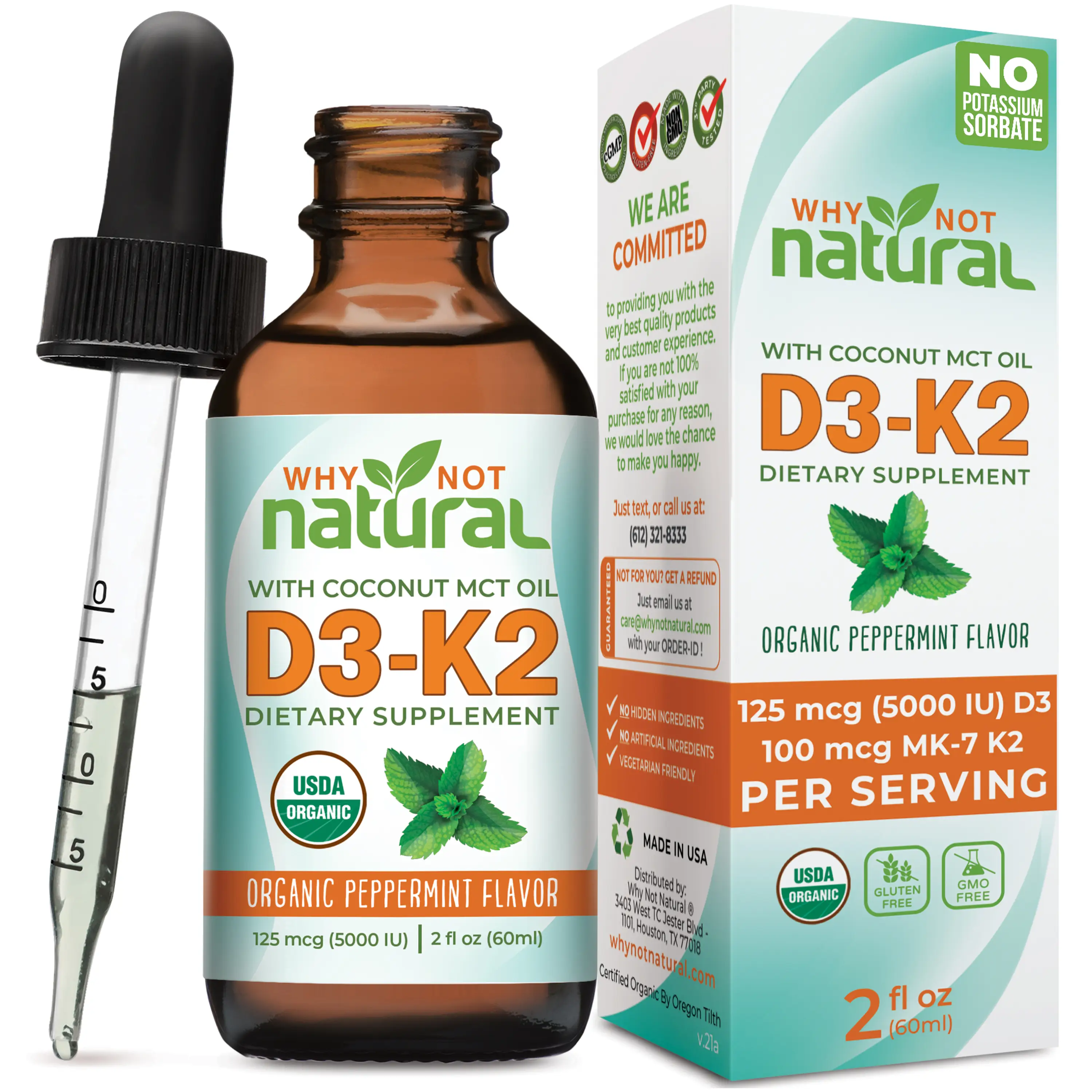 Organic Vitamin D3 Liquid Drops with K2 (MK-7) Sublingual Liquid (5000 IU) in Coconut M.C.T. Oil Adult Child Gluten Free GMO Free Dairy Free Edible Fi