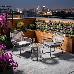 #Summervibes 3-Piece Outdoor Chat Set, Modern Gray Rattan-Wrapped Patio Conversation Furniture with 2 Arm Chairs, Soft Cushions, and Glass-Top Side Table, All-Weather Bistro Set for Backyard, Balcony, Poolside