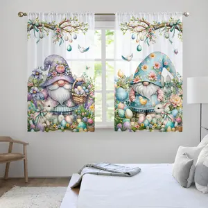 2pcs Easter Garden Rabbit Egg Curtains, Cute Short Kitchen Curtain Rod Pocket Sheer Fabric, Suitable for Kitchen Bathroom Small Half Curtains