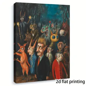 A Quirky 2D Flat Wooden Frame Canvas Wall Art Painting - Strange Scenes with Unusual Characters and Animals, Perfect for Bedroom or Living Room Decoration, Bedroom Wall Decor| Fantasy Artwork| wooden frame