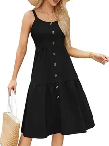 Womens Summer Dresses Casual Spaghetti Strap Button Down Midi Dress Cute Crew Neck A-Line Sundress with Pockets