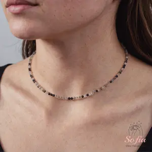 Delicate Tourmalinated Quartz Beads Choker Necklace, Tiny Dainty Faceted Gemstone Beaded Necklace, Waterproof Crystal Beaded Choker, Dainty Minimalist Style for Women Handmade Adjustable, gift for her