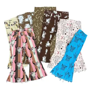 Adjustable Waist Bell Bottom Denim Pants For Toddler Baby Girls Sibling Wear Western Fashion Cowgirls Cow Cactus Print Jeans For Outdoor