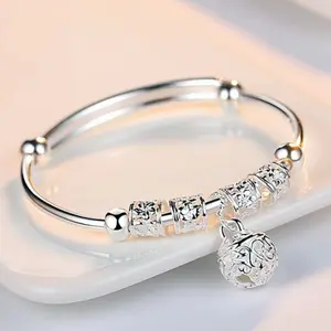 925 Sterling Silver Adjustable Bangle Bracelet Hollow Bell Charm Jingle Beads Push Pull Bracelet for Women Gift