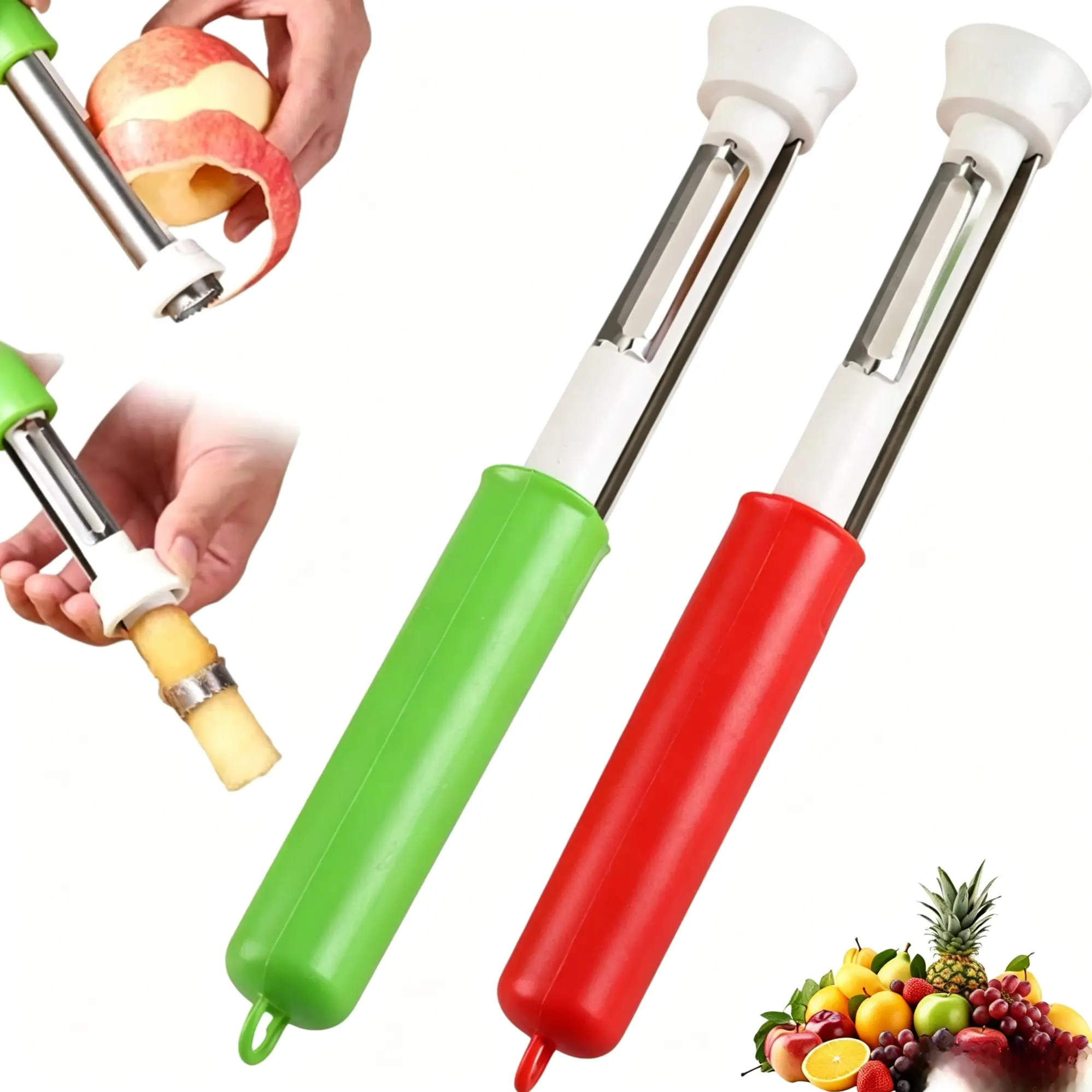 2-in-1 Apple Corer & Peeler Tool,Stainless Steel Multi-Use Fruit Vegetable Gadget,Ergonomic Grip Core & Skin Remover,Available in Red & Green