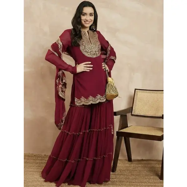 DESIGNER GEORGETTE EMBROIDERY THREADS & SEQUENCE WORK TOP SHARARA WITH DUPATTA MAROON