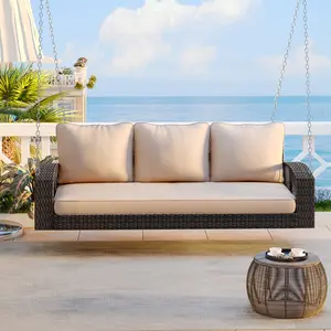 Aobtkel®GO 69" PE Wicker 3-Person Porch Swing with Chains, Large Patio Swing Bench with Cushions for Backyard, Garden, and Poolside, Brown#Summervibes