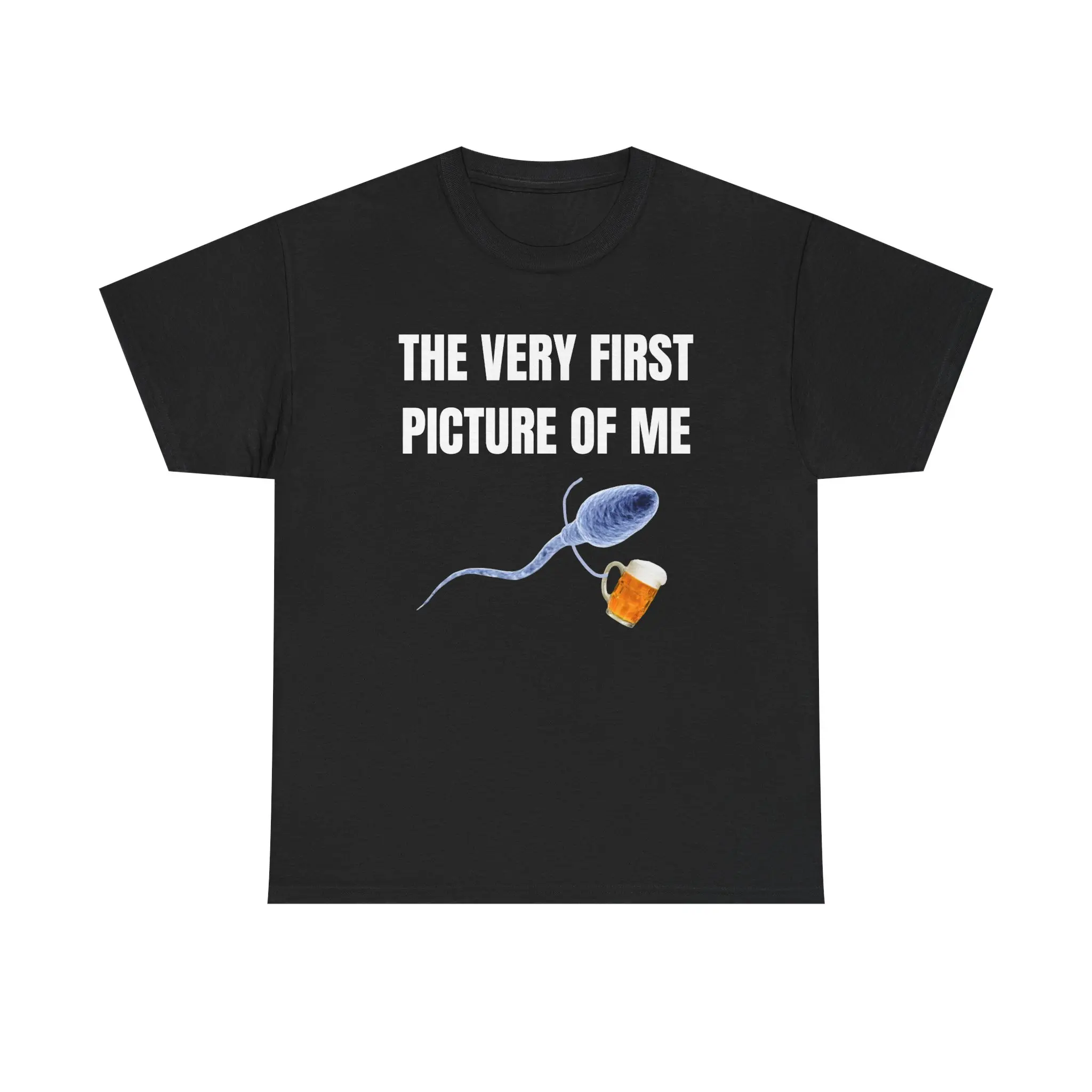Unisex Heavy Cotton Short-Sleeve Classic Sports Shirt - Soft, Fade-Resistant Round Neck, "The Very First Picture Of Me Beer" Playful Text, Sperm Theme Streetwear Menswear, Bar Nights Gift
