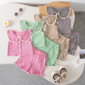 Toddler Baby Girl Outfit Peter Pan Collar Sleeveless Vest Tops Gingham Print Elastic Waist Shorts Set Summer Clothes