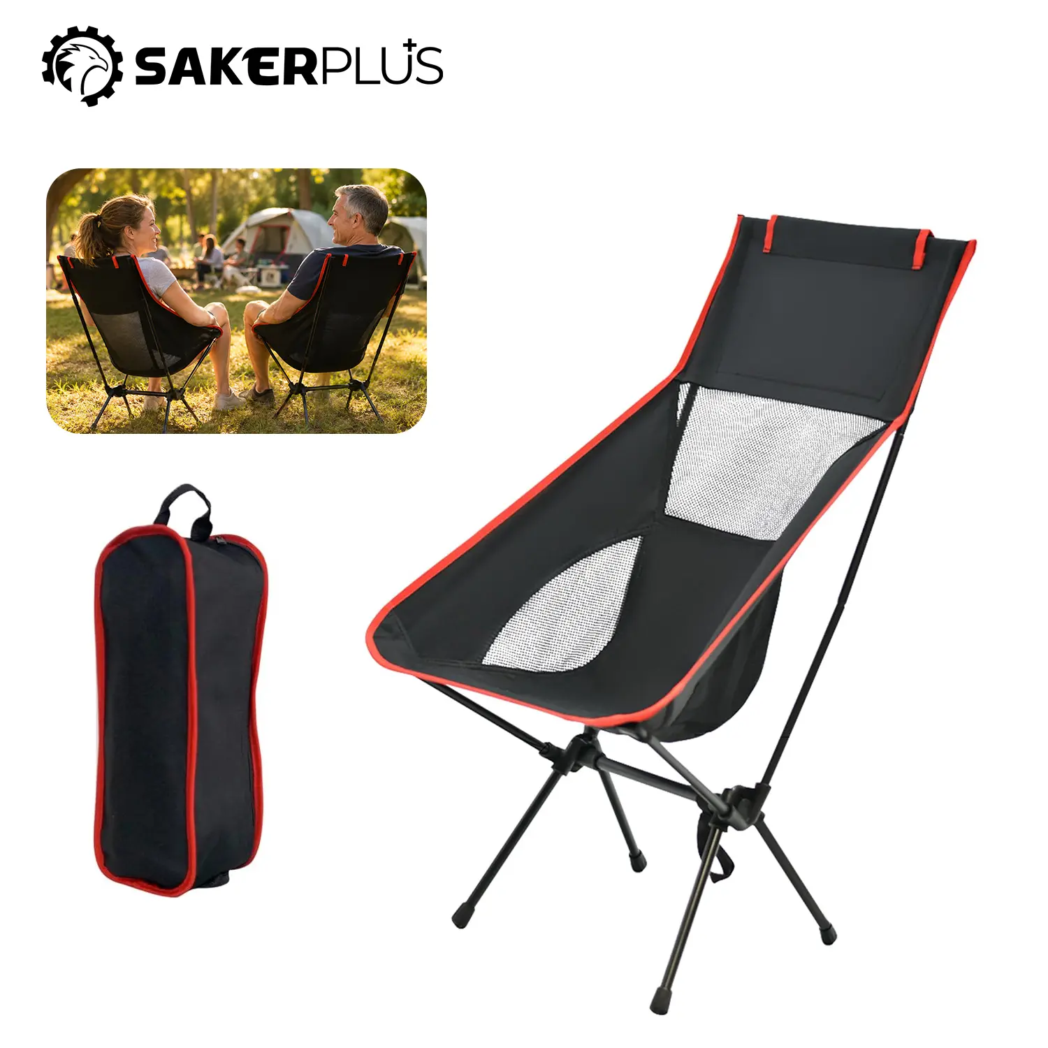 Saker Portable Outdoor Folding Camping Chair - 250 lbs Capacity, Sink-Resistant Seat, Stable Hinge-Frame, Breathable Mesh Backrest, Storage Bag - Ideal for Camping, Beach Outings, Backyard Relaxation