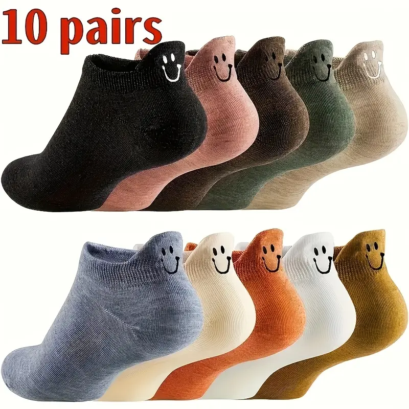 10-Pack Smiley Embroidered Low Cut Socks |     Trendy Breathable Casual Ankle Socks with Heel Cushion |     Perfect Graduation & Daily Gift