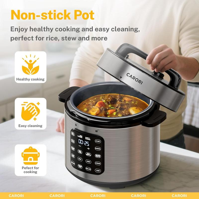 CARORI 9-in-1 Electric Pressure Cooker 1000W 8 Qt Instant Multi-Cooker with IMD Touchscreen Non-Stick Pot Rice Cook Slow Cook Steamer Sauté Warmer Safe Venting Silver