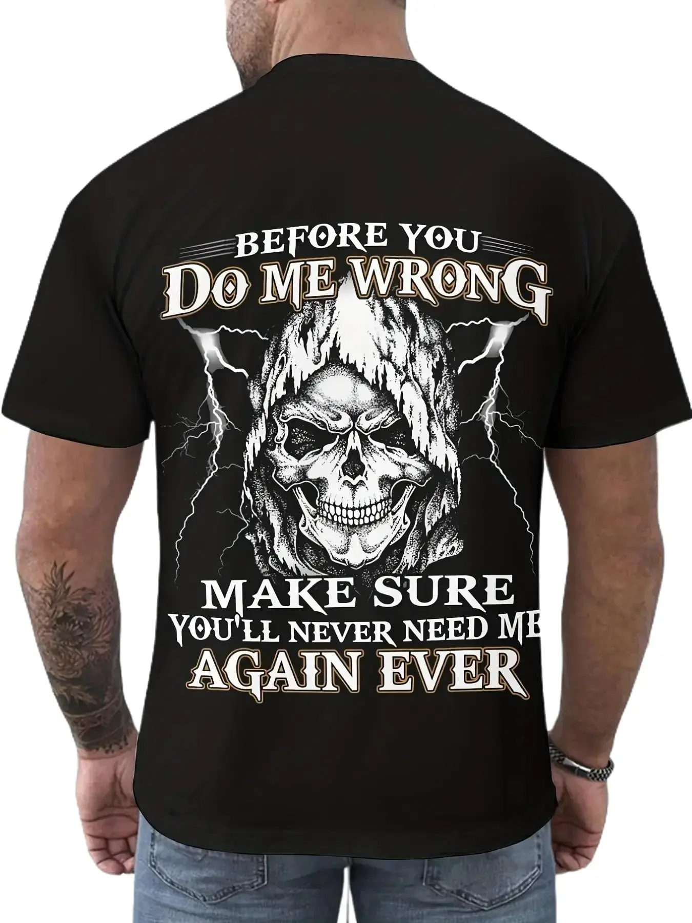 Men's Edgy Soft Breathable Cotton Crew Neck Grim Reaper Skull "Before You Do Wrong" Threatening Slogan Short Sleeve T-Shirt - Casual Plus Size School Apparel, Year-Round Statement Top Compatible with Sweatpants