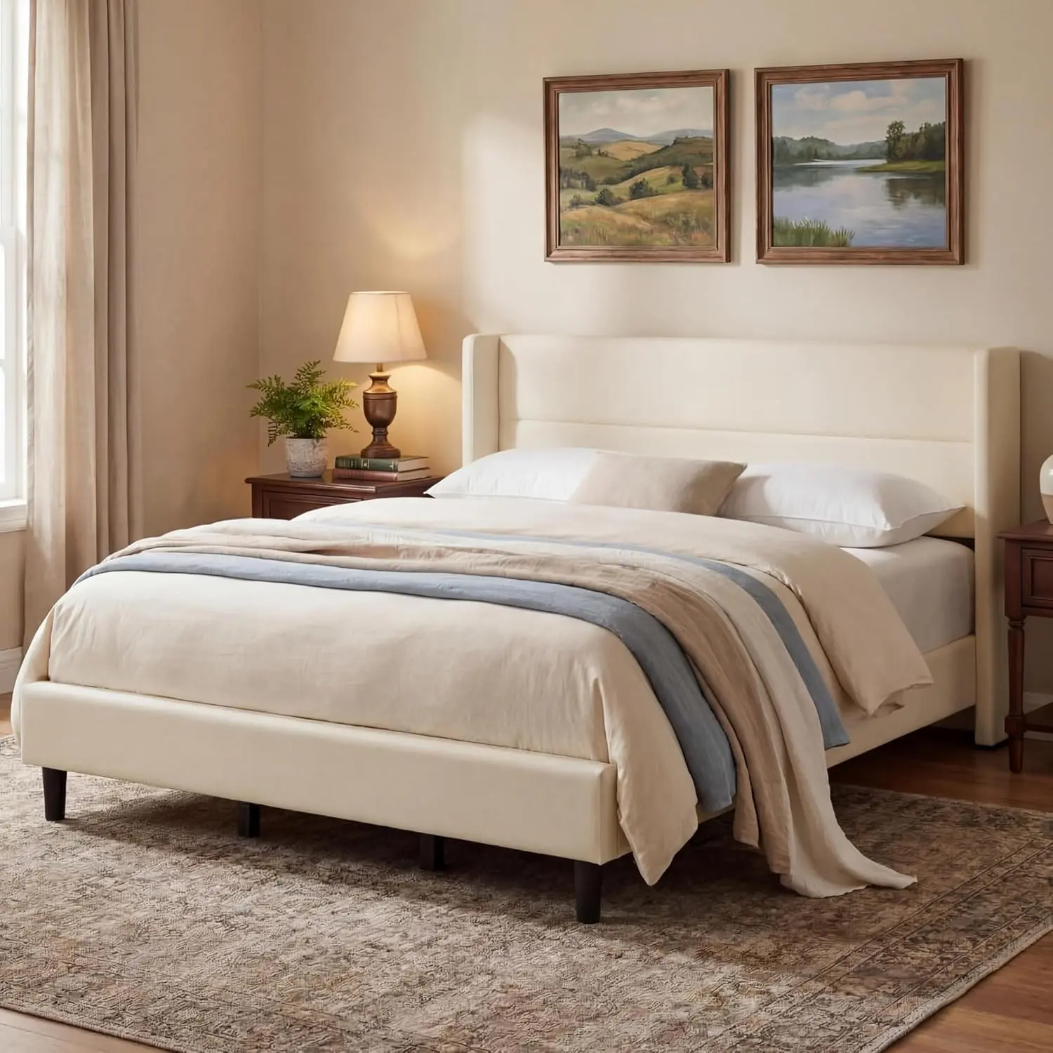 🛏️ Velvet Tufted Wingback Bed Frame – Upholstered Platform Bed with Strong Wood Slats – No Box Spring Needed, Easy Assembly – Perfect for Bedroom! ✨, Bed Frames, Queen Bedframes