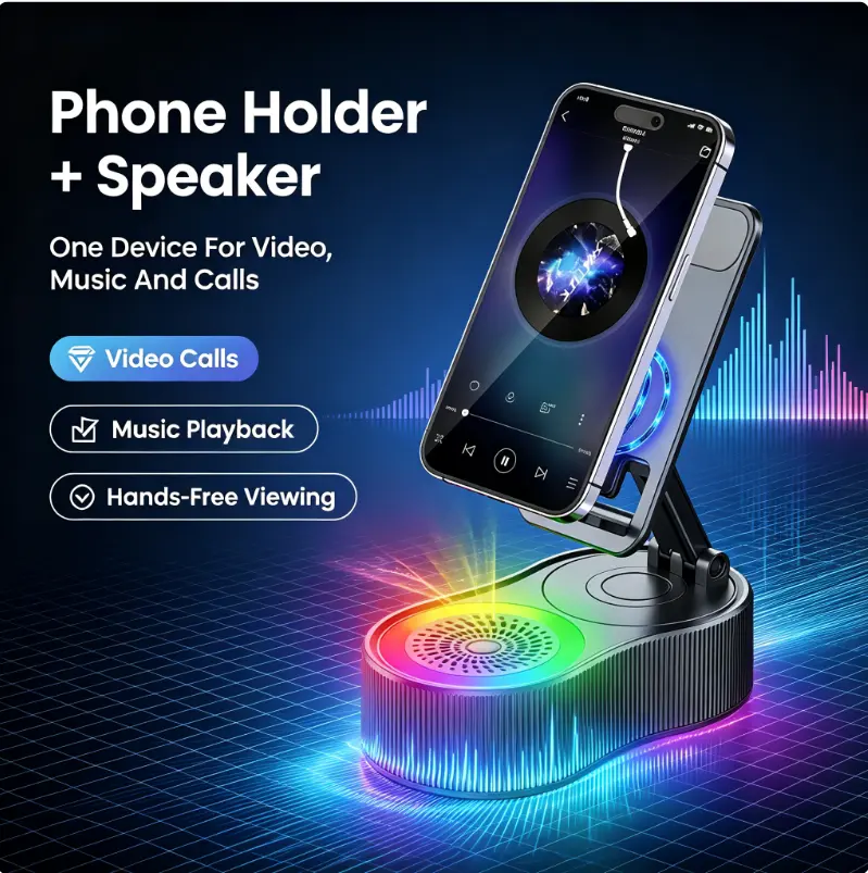 Wireless Induction Bluetooth Speaker Stand 5-in-1 Bluetooth Speakers Multi-Use Charger Stand Phone Holders & Mounts, 3500mAh Rechargeable Emergency Power Bank, USB Port, 360° Adjustable Portable Stand, Colorful Ambient Light for Men