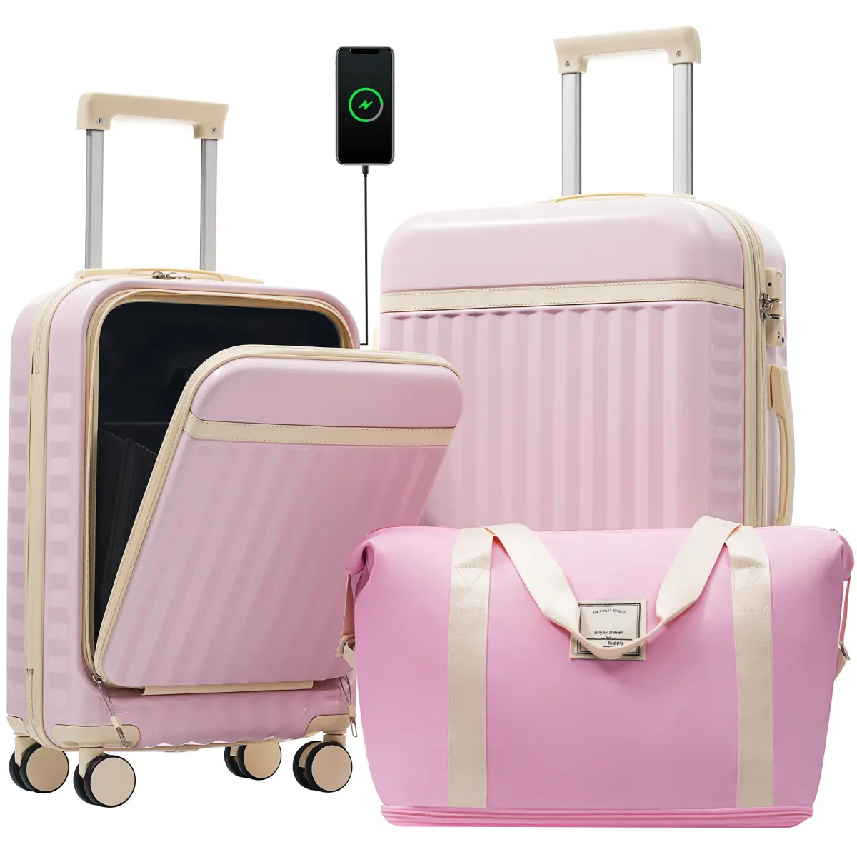 Luggage Sets 3 Piece,Front Open Hardshell Expandable Suitcase with Spinner Wheels and Duffel Bags,Lightweight Carry on Luggage with USB Port,20/24IN,Pink