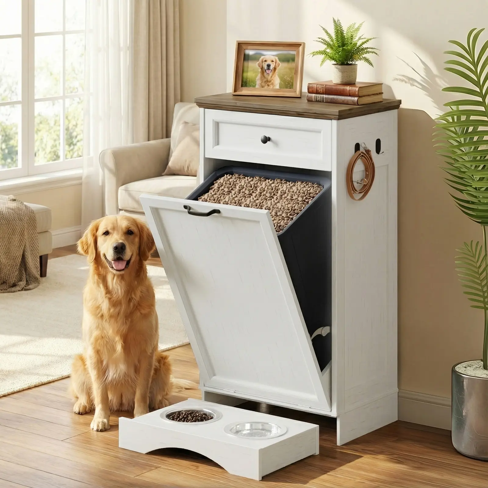Wood Dog Feeding Station - Tilt-Out Dog Food Cabinet with Drawer, Pet Feeder Storage for Kitchen Pantry Trash