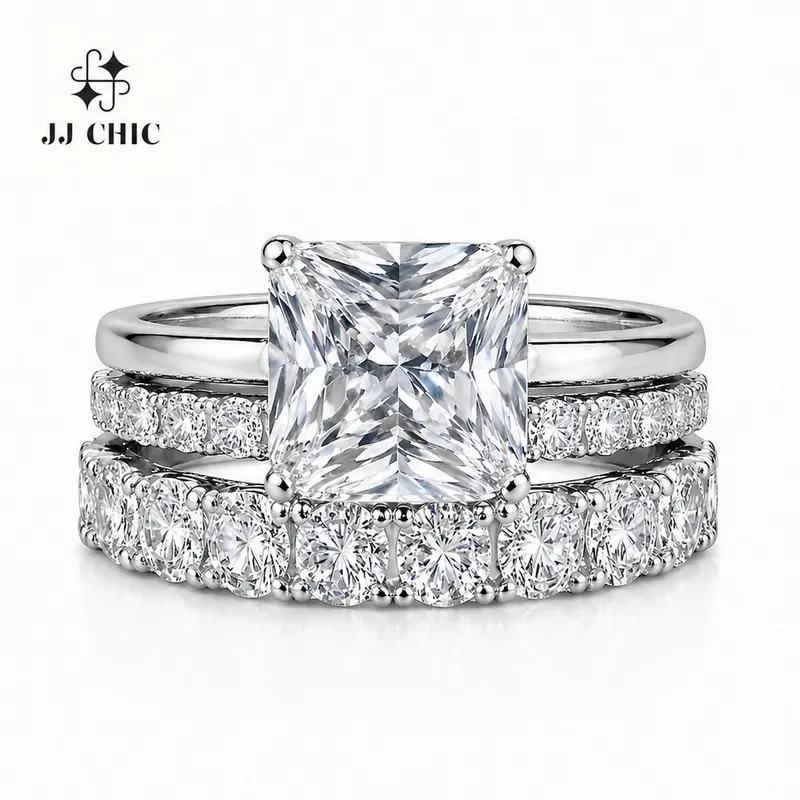 JJ CHIC Everglow Women's Princess Cut 3-Piece Bridal Jewelry Wedding Ring Set, Stackable Engagement Rings with Elegant Design & Eye-Catching Center Stone, Wedding Ring Sets