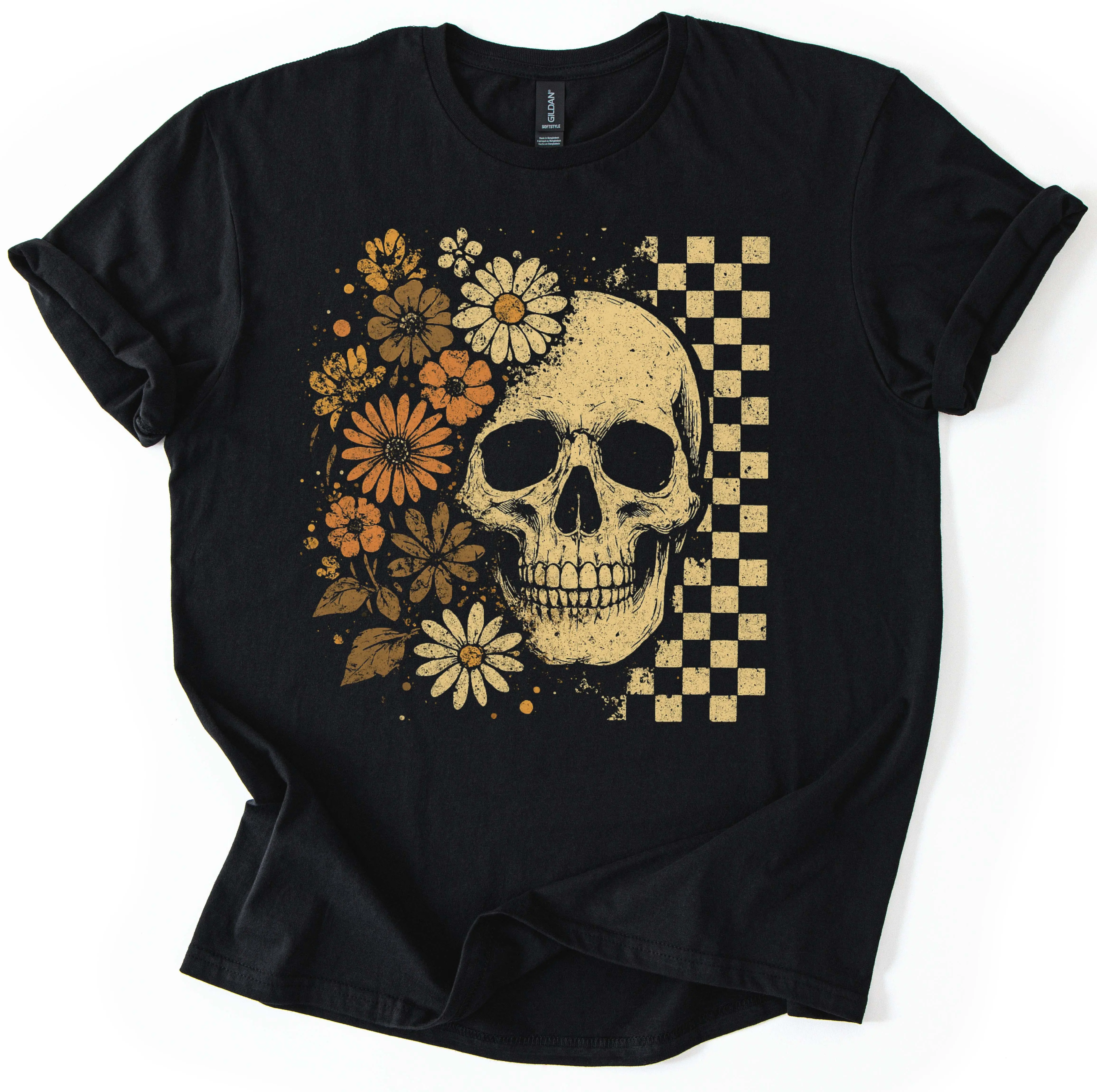 Women's Skull & Floral Graphic Cotton Top, 100% Breathable Casual Short-Sleeve Crew Neck Basic Tee, Relaxed Cut Streetwear Fit, All Seasons, Made-to-Order, Tops, Skull Print