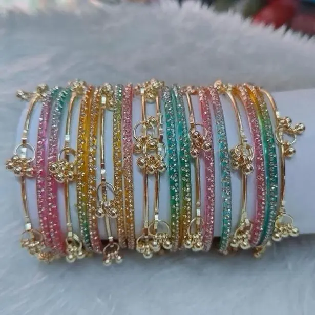 Raindrop Glass Bangles Set Size 2.4. For 4pcs Kashmiri Ghungroo & 12pcs- Size 2.4. Silver Classic Fashionable Bracelet, Adjustable Accessory with Elegant Subtle Shine, Timeless Charm - For Casual & Formal Wear