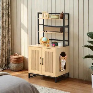 2 in 1 Cat Litter Box Enclosure with 2 Storage Shelves, Metal Wooden Hidden Cat Litter Box Furniture, Indoor Cat House,Washroom