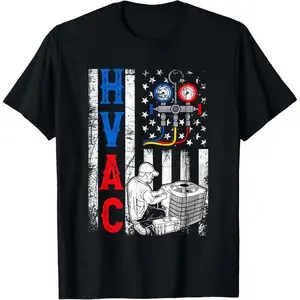 Men's 100% Cotton Short-Sleeve Relaxed Fit Comfy Top, Distressed Proud USA HVAC Tech American Flag T-Shirt