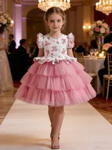 Girls' Floral Party Dress, Embroidered Tulle Dress, Cap Sleeve Long Gown, Natural Waist Design, Perfect for Piano Recitals & Fashion Shows