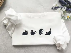 Embroidered Lovely Black Cat Sweatshirt, Gifts For Her, Gift for Cat Lover