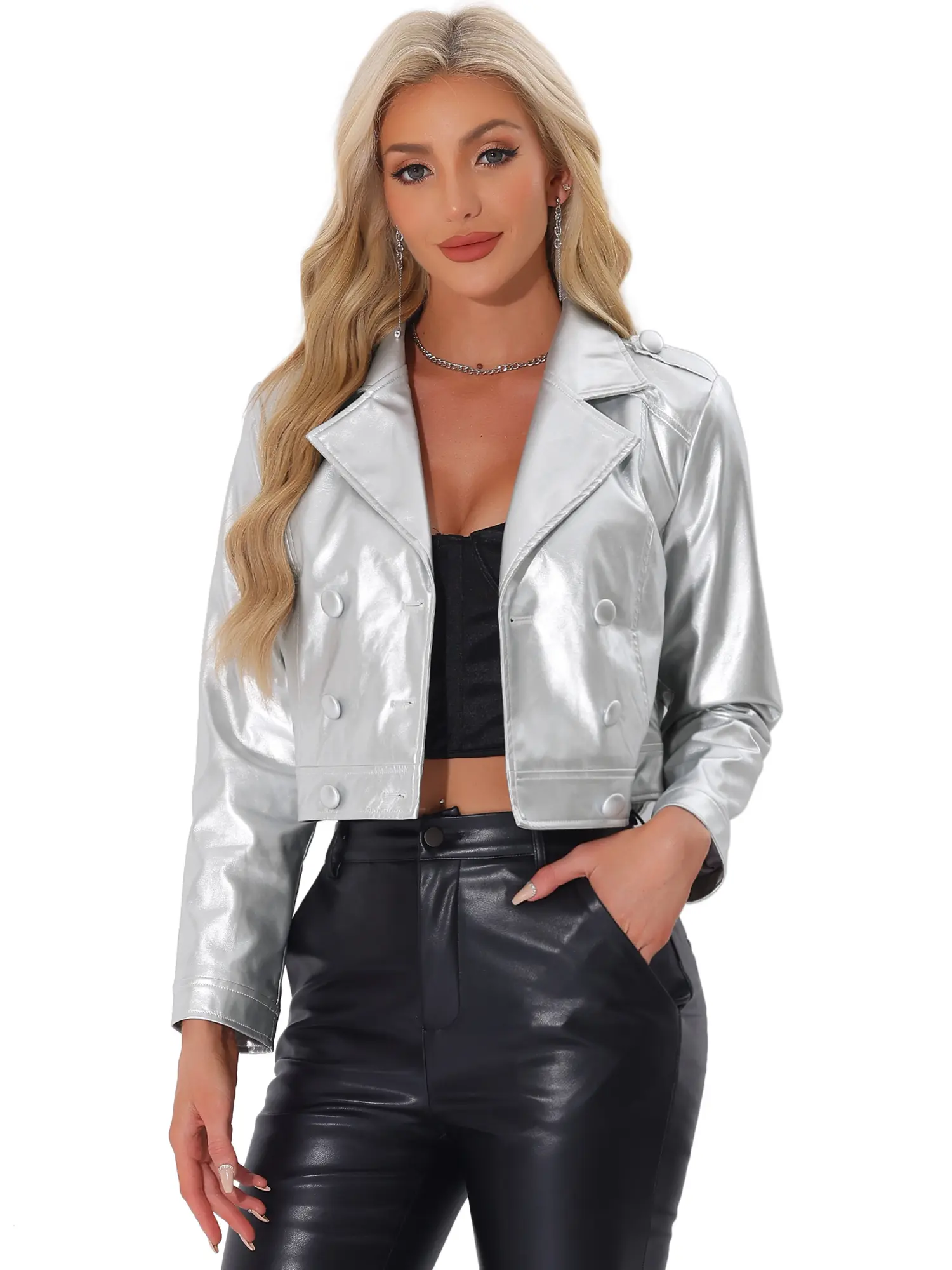 INSPIRE CHIC Metallic Jacket Women's Double Breasted Notch Lapel Disco Party Shiny Holographic Jackets