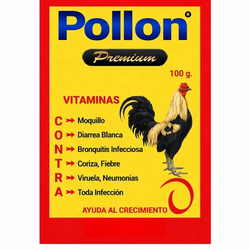 Pollon Plus, a supplement that helps improve the condition of poultry such as hens, roosters, chicks, and many more, ensuring a better mood and healthy, clean development. 100-gram package