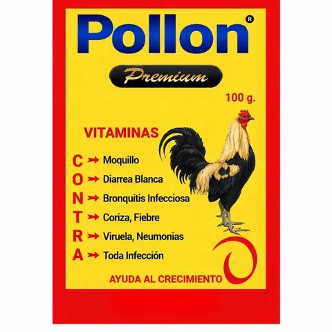 pollon plus „suplemento que ayuda a mejor es estado de las aves de corral, gallinas , gallos ,pollos y muchas mas garantizando un mejor estado de animo y un desarrollo sano y limpio . paquete de 100 gamo EXP 09/04/2028