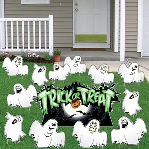 Trick or Treat Sign + Ghosts, 12pc Halloween Yard Art, Yard Card Lawn Sign Set