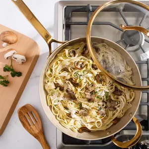 6 Quart Sauté Pan with Lid - PFAS-Free Ceramic Nonstick Aluminum - Almond Cream with Gold Handles