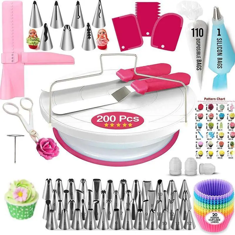 Cake Decorating Tool Set, Baking 200pcs/set, Cake Decoration, Including Cake Turntable, Cake Scraper, Cake Decorating Bag, Cake Decorating Nozzle, Cake Decorating Supplies, Ornaments, Cake Toppers, Cake Pops Tools