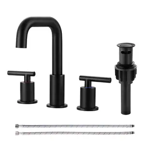 WOWOW 8 in. Widespread Double Handle Bathroom Faucet in Black Included Pop-Up Drain and Aerator, Brass, Complete Kit