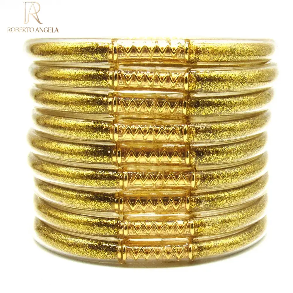 R&A Women's Gilded Grace Glitter Jelly Bangles Set (9 Pcs) - Chunky Jewelry with Bling Effect, Glitter Finish, Colorful Stackable Silicone Wrist Stack - Waterproof, Noiseless, Soft Accessories Gift for Her