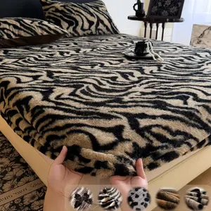 Luxury Faux Rabbit Fur Leopard, Tiger Print Fitted Sheet 3-Piece Set, Bedsheet Set – Soft, Warm Solid Color Bedding, Includes 1 Fitted Sheet + 1/2 Pillowcases, All-Season Use, Perfect for Bedroom, Dorm, Sofa Décor & Christmas Gift