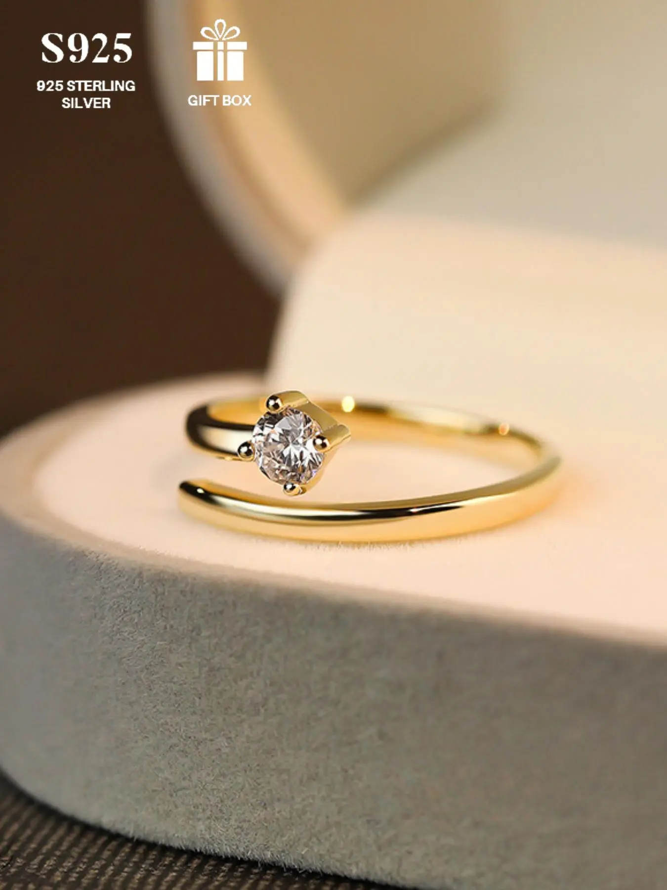 S925 Sterling Silver Simple Design Artificial Zircon Inlaid Promise Ring, Fashion Engagement Ring for Women & Girls, Trendy Exquisite Jewelry As Gift