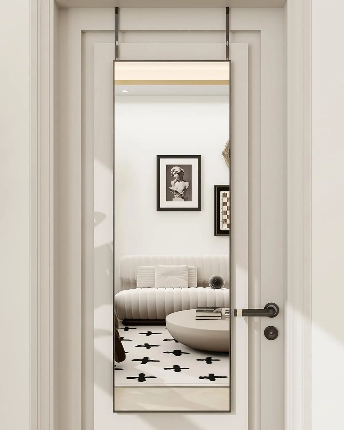 14" x 48" Adjustable Height Over The Door Mirror, Rectangular Full Length Hanging Door Mirror with Shatterproof Tempered Glass  Alloy Frame for Dormitory, Black