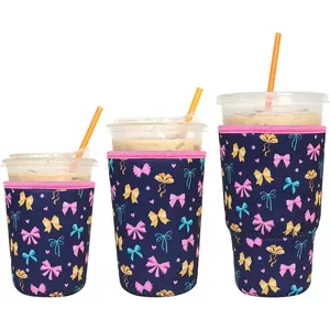 3 Pack  Iced Coffee Sleeves -  Insulator Sleeve for Cold Beverages, Neoprene Coffee Cup Holder (Bows)