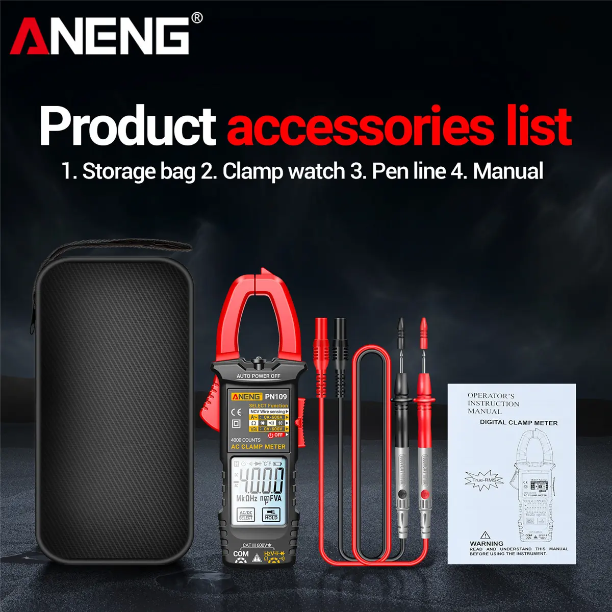 ANENG PN109 Smart Touch Clamp Meter Multimeter, 4000 Counts 600A AC Current Tester, NCV Non-Contact Voltage Detector, Measures AC/DC Voltage Resistance Capacitance Diode with Auto Power Off, Test Meter Multi Testers, Abs Plastic