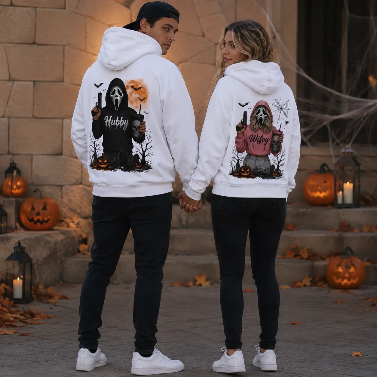 Women's Classic Ghostface Halloween Couple Matching -Fleece Long Sleeve Loose Casual Pullover Hoodies, Men's Comfortable Hooded Sweatshirts, Ideal Gift