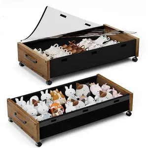 Bed with Wheels, Underbed Shoe Containers, the Bed Drawers with Lid, Wooden Rolling Clothes Drawer for Bedroom Dorms Room (Walnut 2pack)