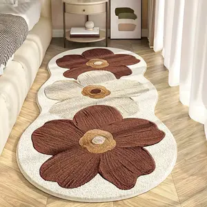 Soft Plush Floral Mat - Cozy Brown & Beige Flower Pattern, Non-Slip Long Strip Mat for Bedroom or Living Room, Machine Washable, High Pile Home Decor, Bedroom Floor Decor | Irregular Shaped Mat | Faux Fleece Feel, Rugs for Living Room