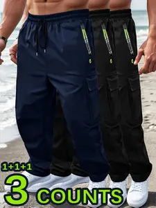 Men’s cargo pants with zipper pockets (set of 3): spring/autumn style, drawstring elastic waistband, large side pockets, straight-leg design. Suitable for everyday casual wear and sports, a work essential. Loose fit, reinforced stitching, comfortable wais