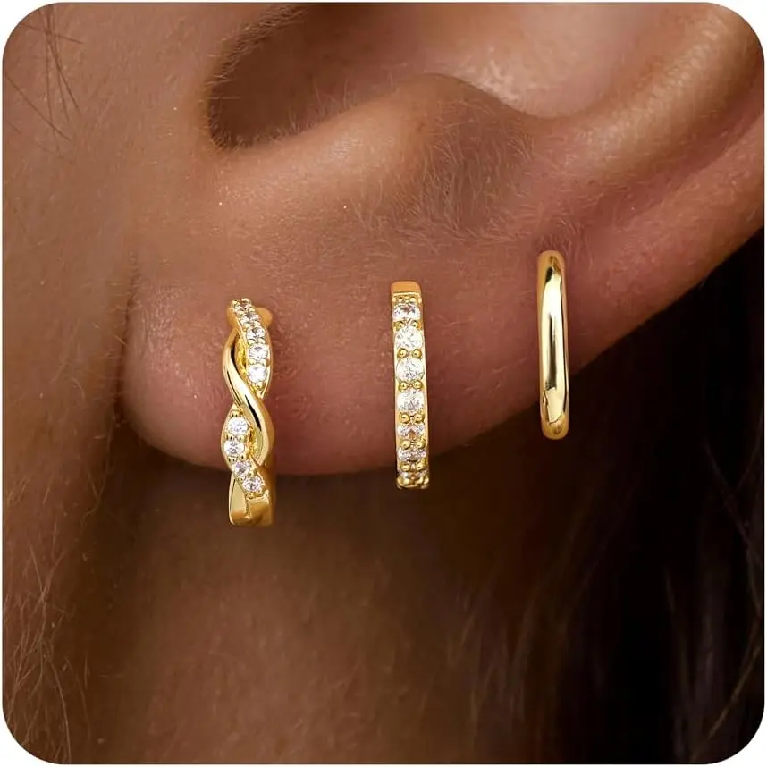 Women's 3-Pair Gold Huggie Hoop Earrings Set - Dainty Brass Cubic Zirconia Sterling Silver Ear Stacks, Hypoallergenic Helix/Cartilage Jewelry, Trendy Twisted Hoops, Gold-Toned Mother's Day/Birthday Gift