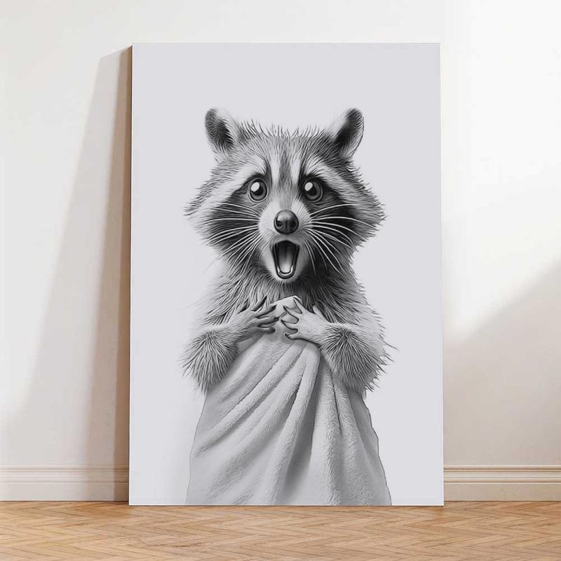 Framed Wall Art with Raccoon in Towel, 12x16in Funny Animal Bathroom Canvas Print, Black and White Raccoon Poster, Cute Raccoon Picture Wall Decor for Bathroom, Kids' Room, Bedroom, Nursery, Home