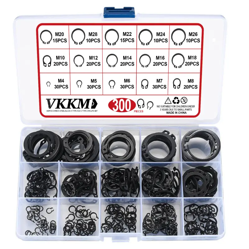 VKKM 300Pcs External Circlip Snap Ring Assortment Kit, Black Carbon Steel External Retaining Rings, 13 Sizes M4~M28 Shaft Circlips for Axle Bearing Fastening in Machinery, Automotive & Shipbuilding