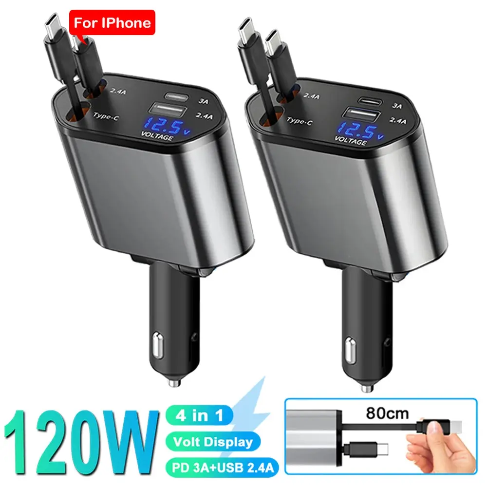 120W 4-in-1 Car USB Charger, Type-C Retractable Cord with 66W+2.4A Charging, Voltage Display for iPhone, Huawei, Samsung